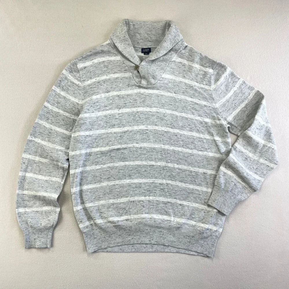 J.CREW Sweater Mens Large Grey Striped Heather Shawl Neck Pullover Cotton Preppy